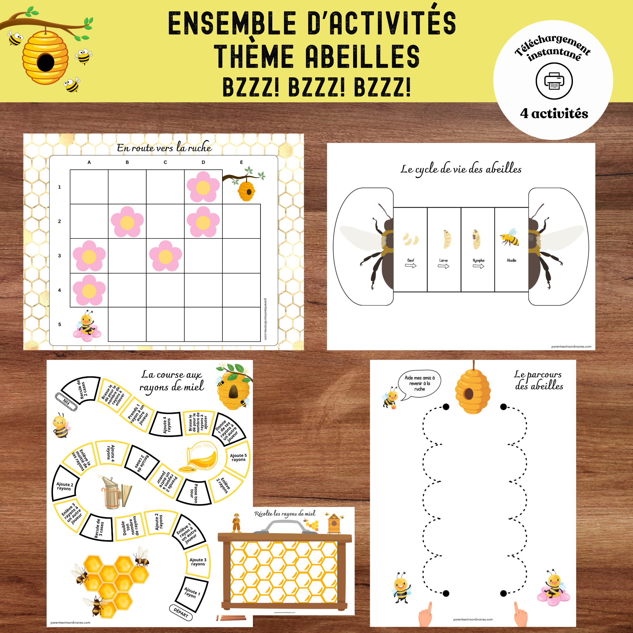 Ensemble d'activités éducatives sur le thème des abeilles comprenant un jeu de société, des défis de logique, des exercices de pré-écriture et des bricolages scientifiques.