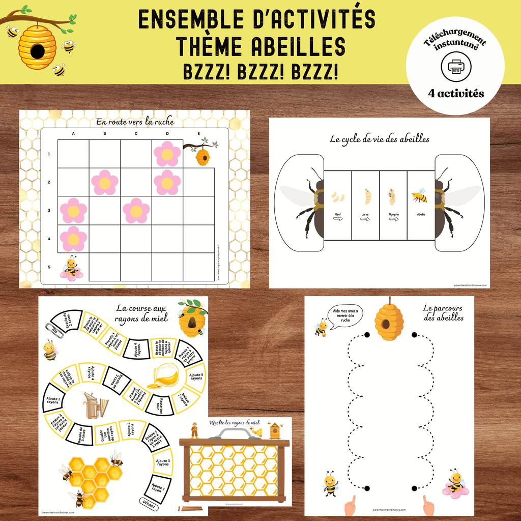 Ensemble d'activités éducatives sur le thème des abeilles comprenant un jeu de société, des défis de logique, des exercices de pré-écriture et des bricolages scientifiques.
