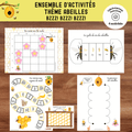 Ensemble d'activités éducatives sur le thème des abeilles comprenant un jeu de société, des défis de logique, des exercices de pré-écriture et des bricolages scientifiques.