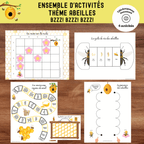 Ensemble d'activités éducatives sur le thème des abeilles comprenant un jeu de société, des défis de logique, des exercices de pré-écriture et des bricolages scientifiques.