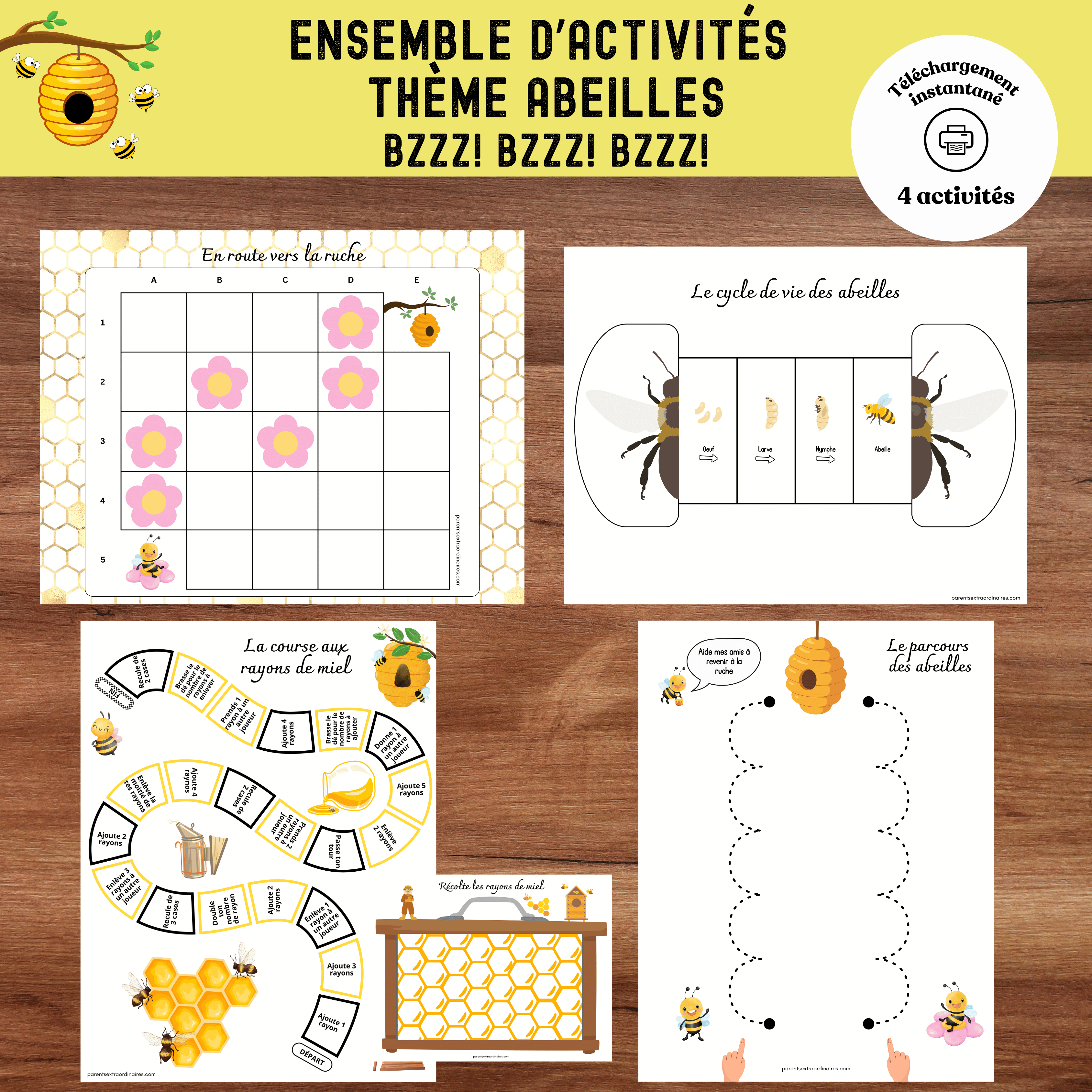 Ensemble d'activités éducatives sur le thème des abeilles comprenant un jeu de société, des défis de logique, des exercices de pré-écriture et des bricolages scientifiques.