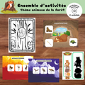 Ensemble de quatre activités éducatives à imprimer sur les animaux de la forêt pour les enfants d'âge préscolaire.