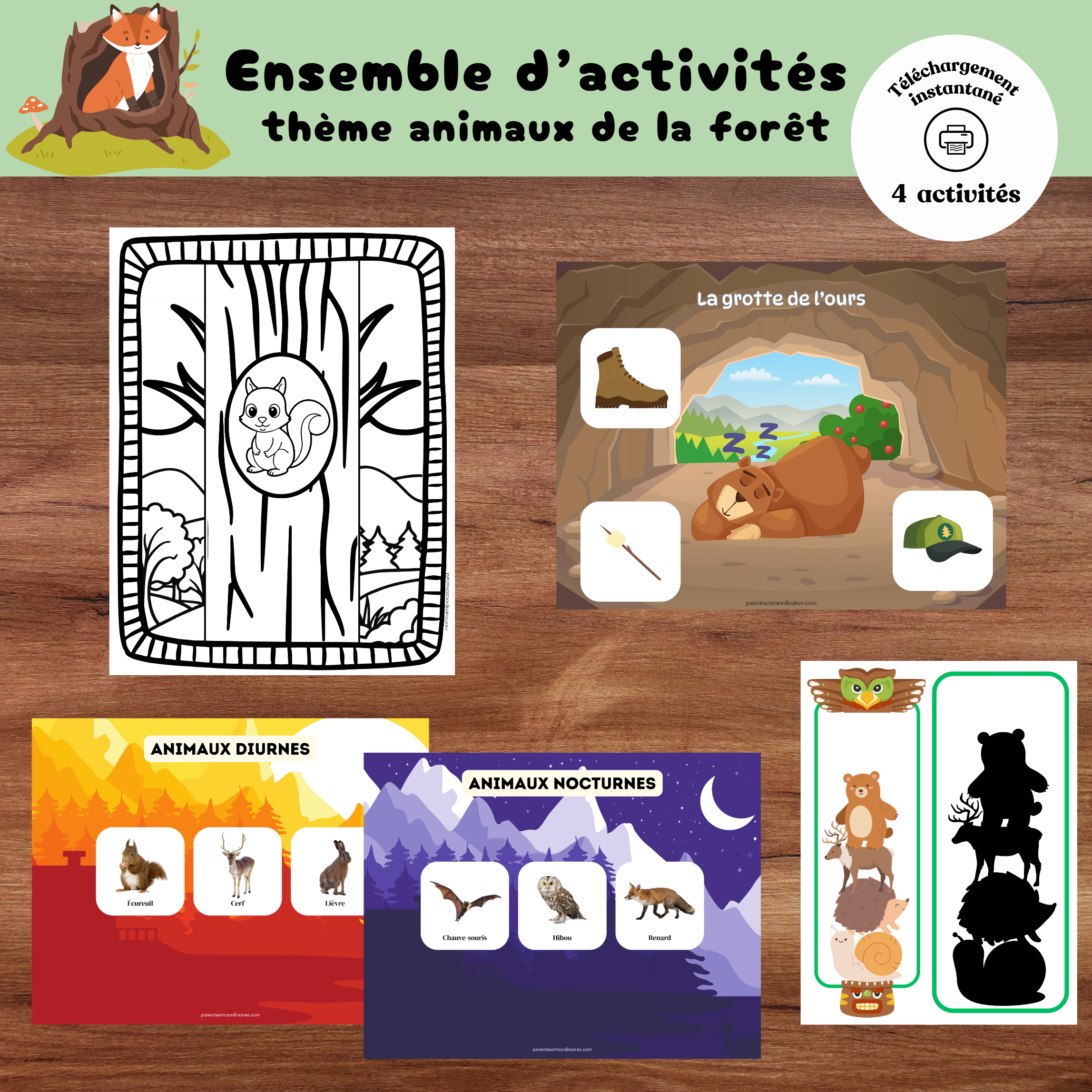 Ensemble de quatre activités éducatives à imprimer sur les animaux de la forêt pour les enfants d'âge préscolaire.