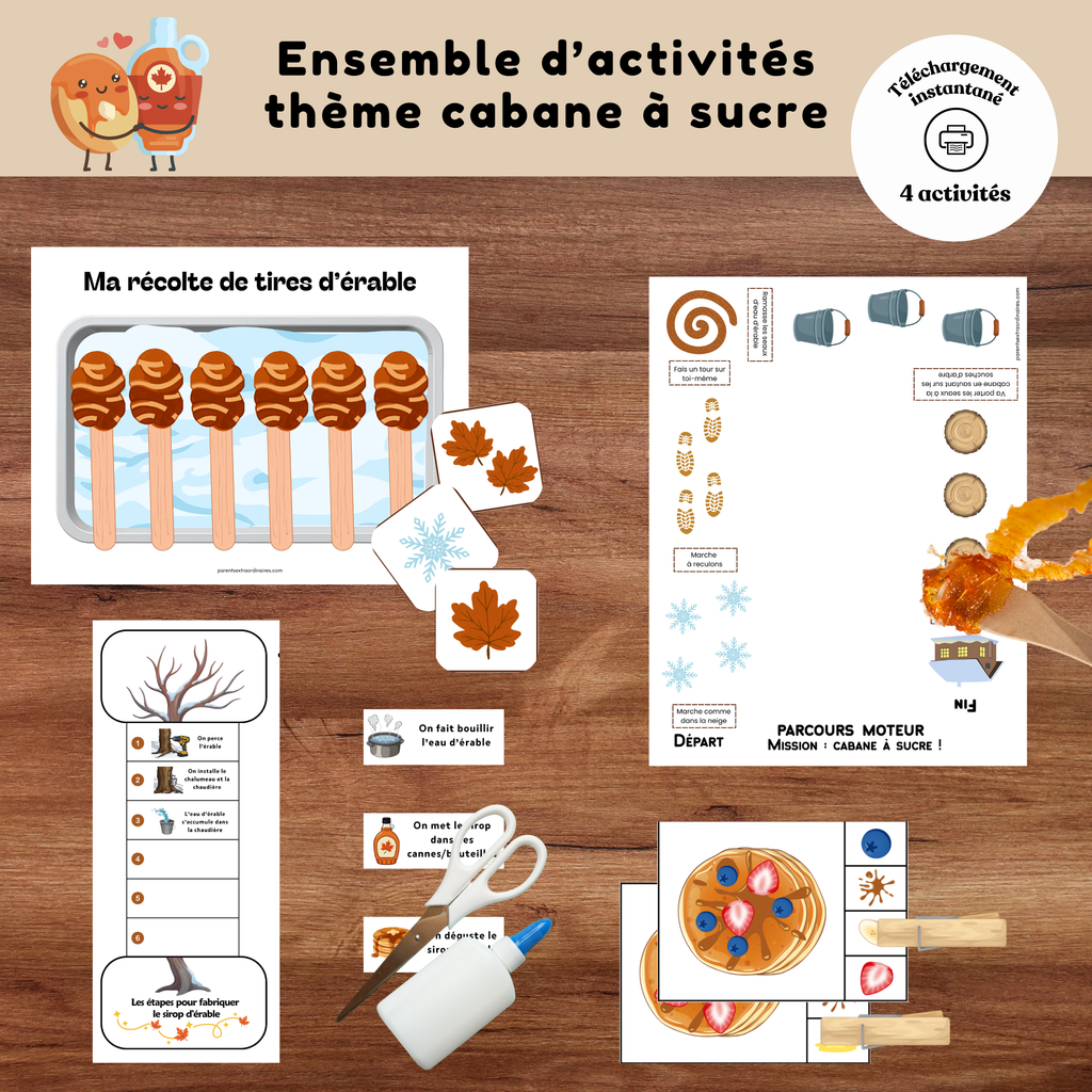 Ensemble d'activités thème cabane à sucre à imprimer comprenant jeux éducatifs, parcours moteur et activités de manipulation.