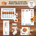 Ensemble d'activités thème cabane à sucre à imprimer comprenant jeux éducatifs, parcours moteur et activités de manipulation.