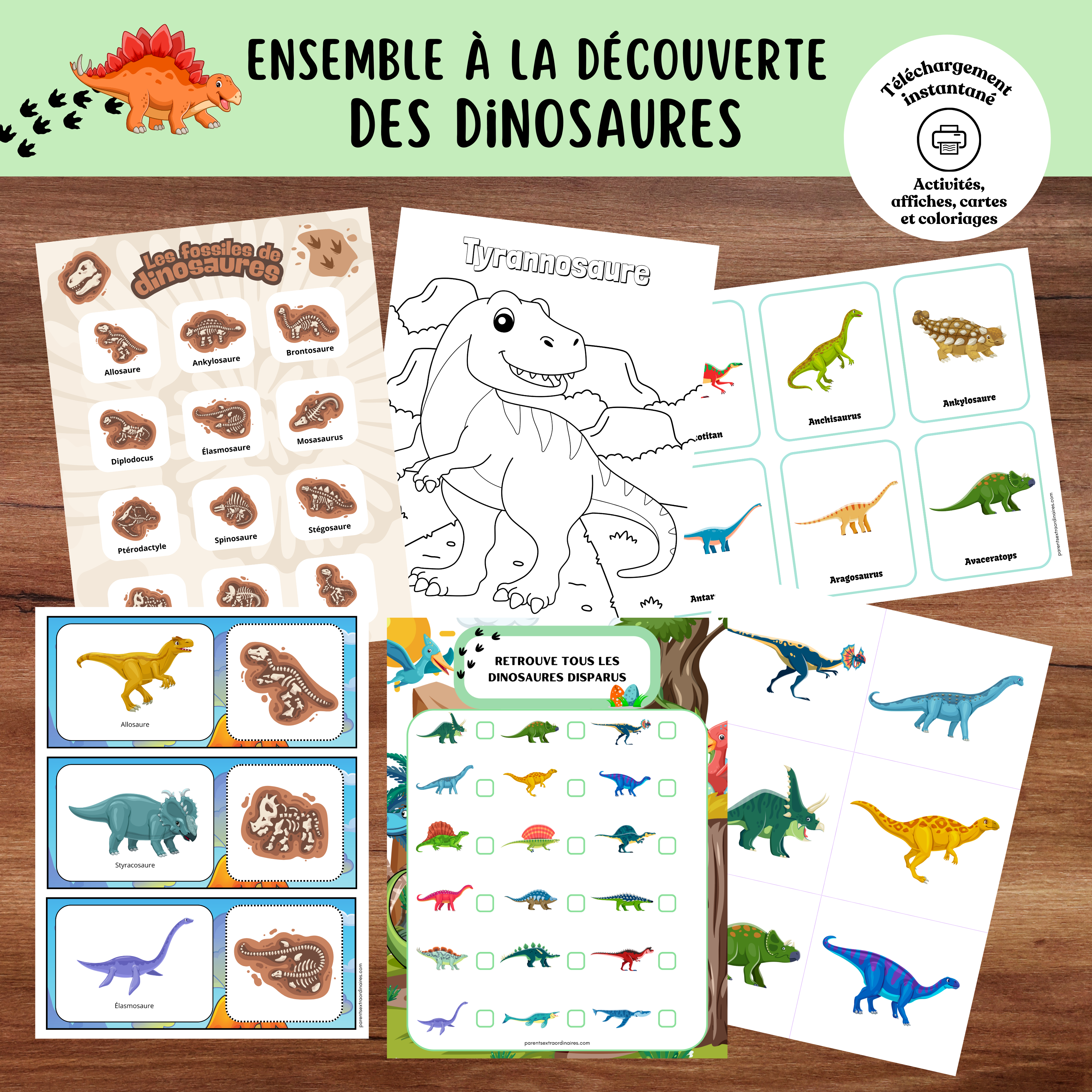 Ensemble d’activités dinosaures à imprimer comprenant chasse aux dinosaures, association de fossiles, cartes d’identification et coloriages.