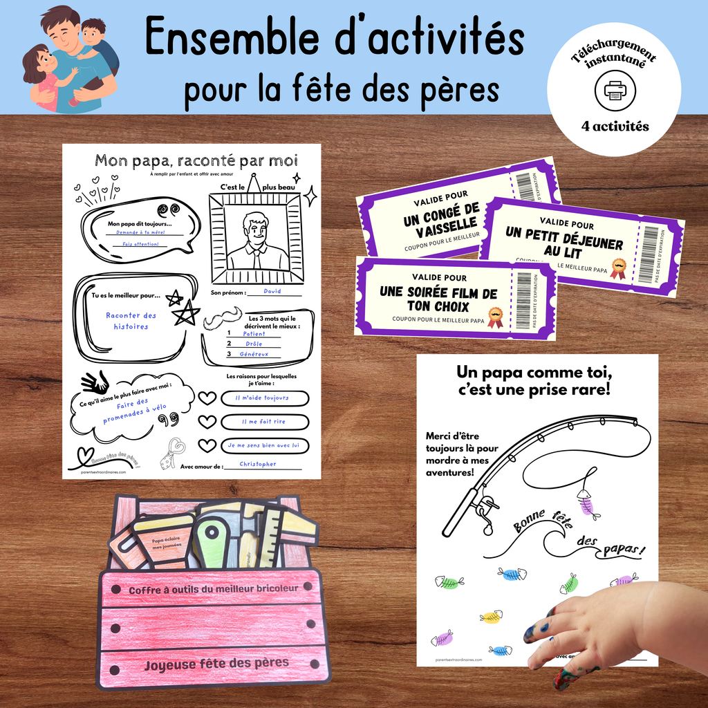 Ensemble d’activités fête des Pères à imprimer comprenant bricolages, coupons et affiches personnalisées pour papa.