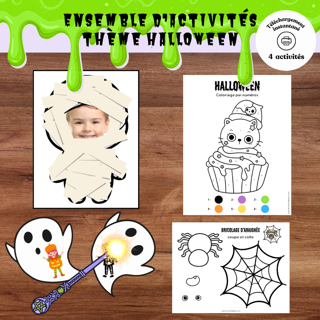 Ensemble d’activités d’Halloween à imprimer avec coloriages, bricolages, jeu de fantômes et famille momie