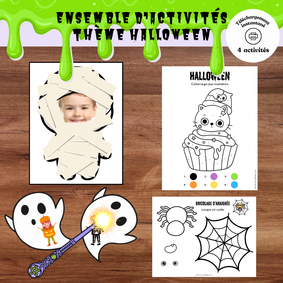 Ensemble d’activités d’Halloween à imprimer avec coloriages, bricolages, jeu de fantômes et famille momie
