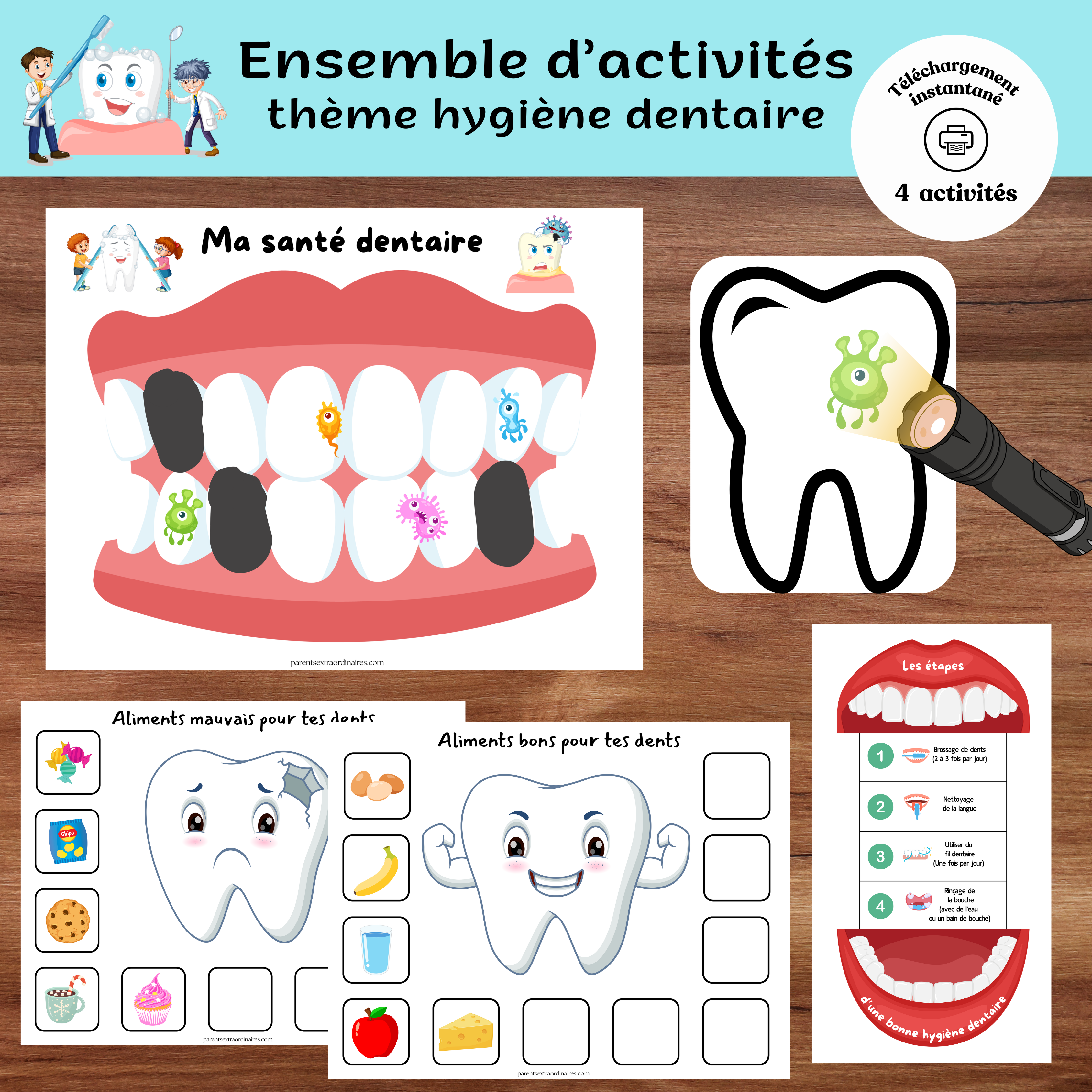 Ensemble d’activités sur l’hygiène dentaire à imprimer pour enfants comprenant jeux, bricolages et activités éducatives.