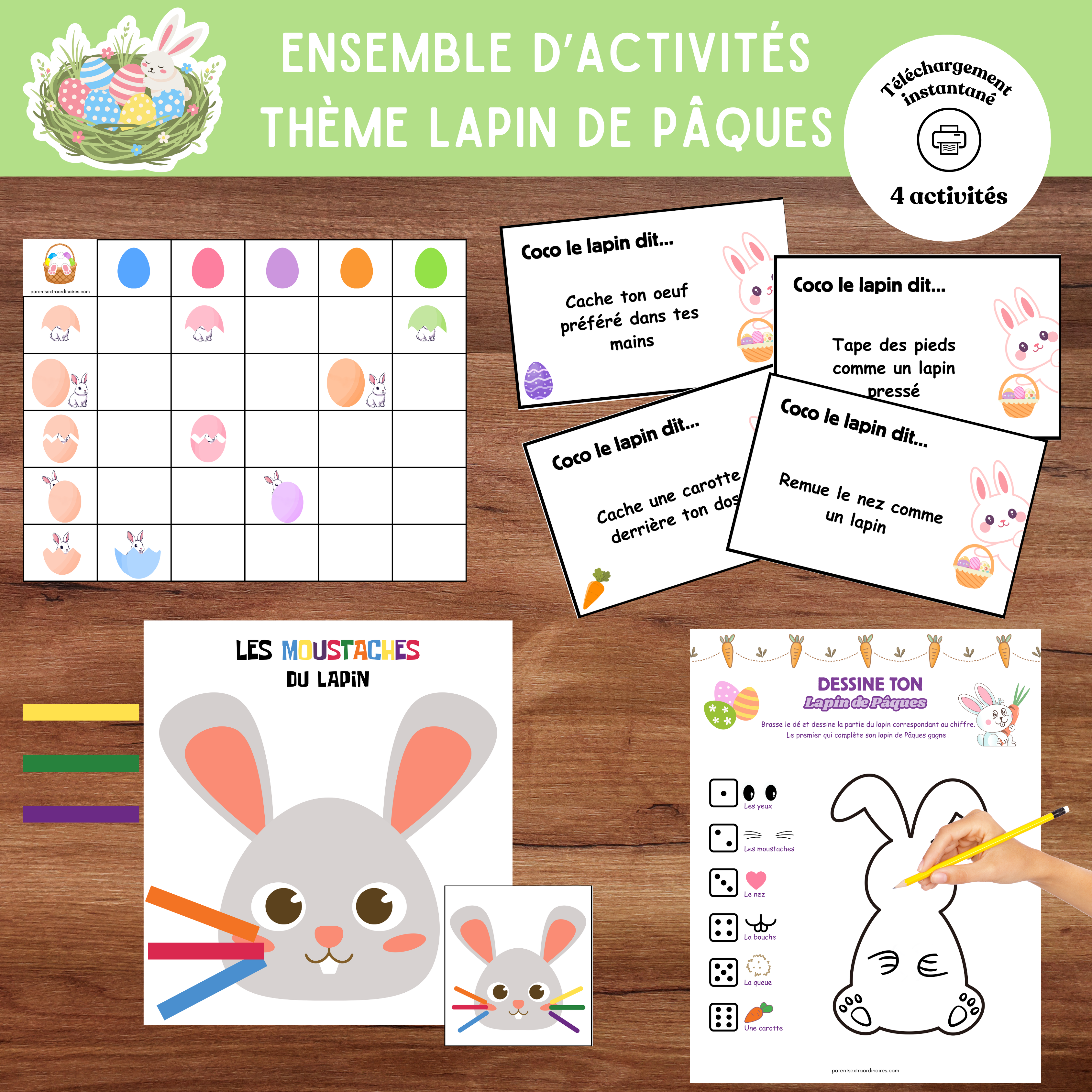 Ensemble d’activités thème lapin de Pâques à imprimer comprenant jeux d’écoute, observation, logique et repérage spatial pour enfants.