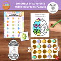 Ensemble d’activités thème œufs de Pâques à imprimer comprenant chasse aux cocos, symétrie, bricolage et jeu de société.