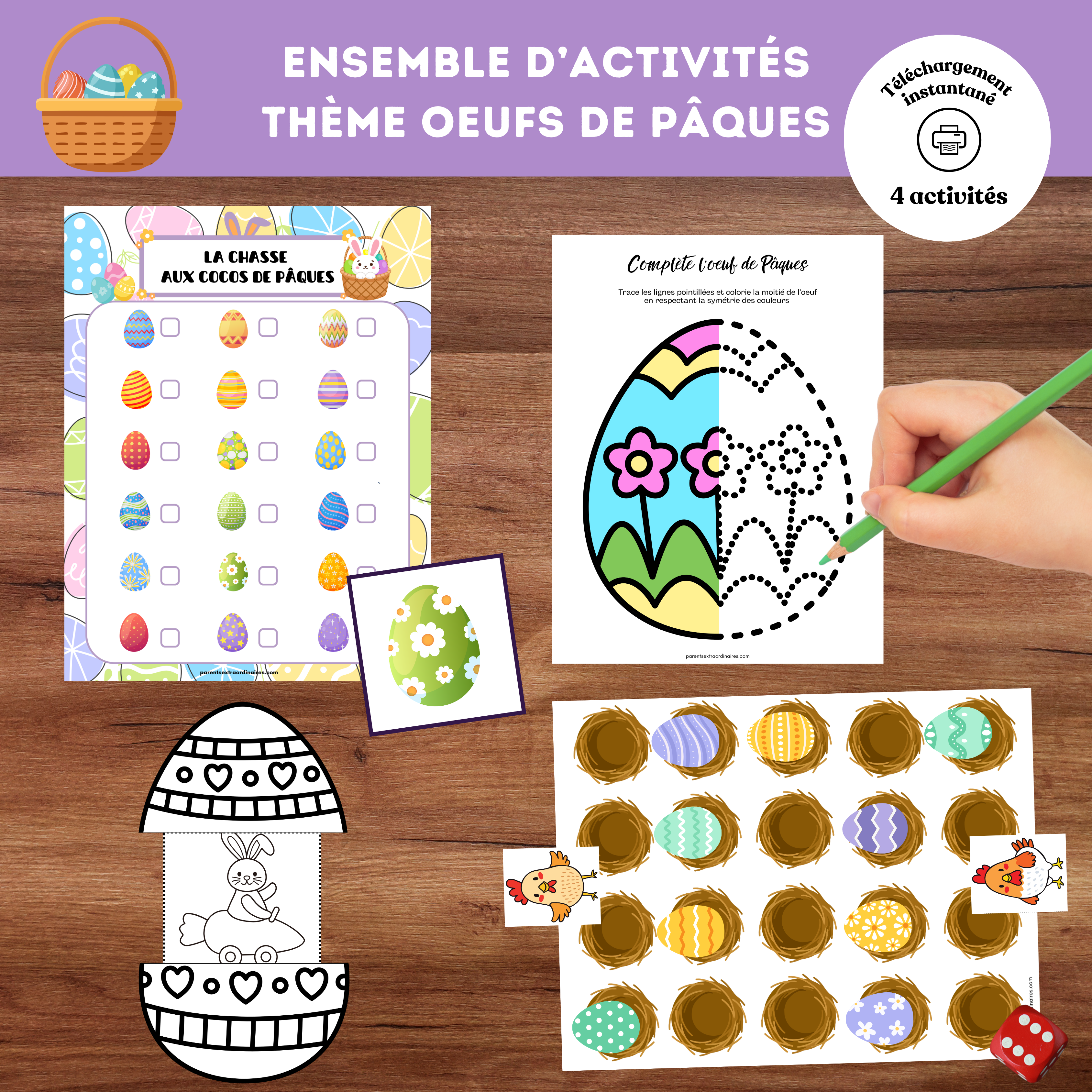 Ensemble d’activités thème œufs de Pâques à imprimer comprenant chasse aux cocos, symétrie, bricolage et jeu de société.