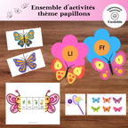 Ensemble d’activités thème papillons à imprimer pour enfants incluant association, nombres, alphabet et cycle de vie du papillon.