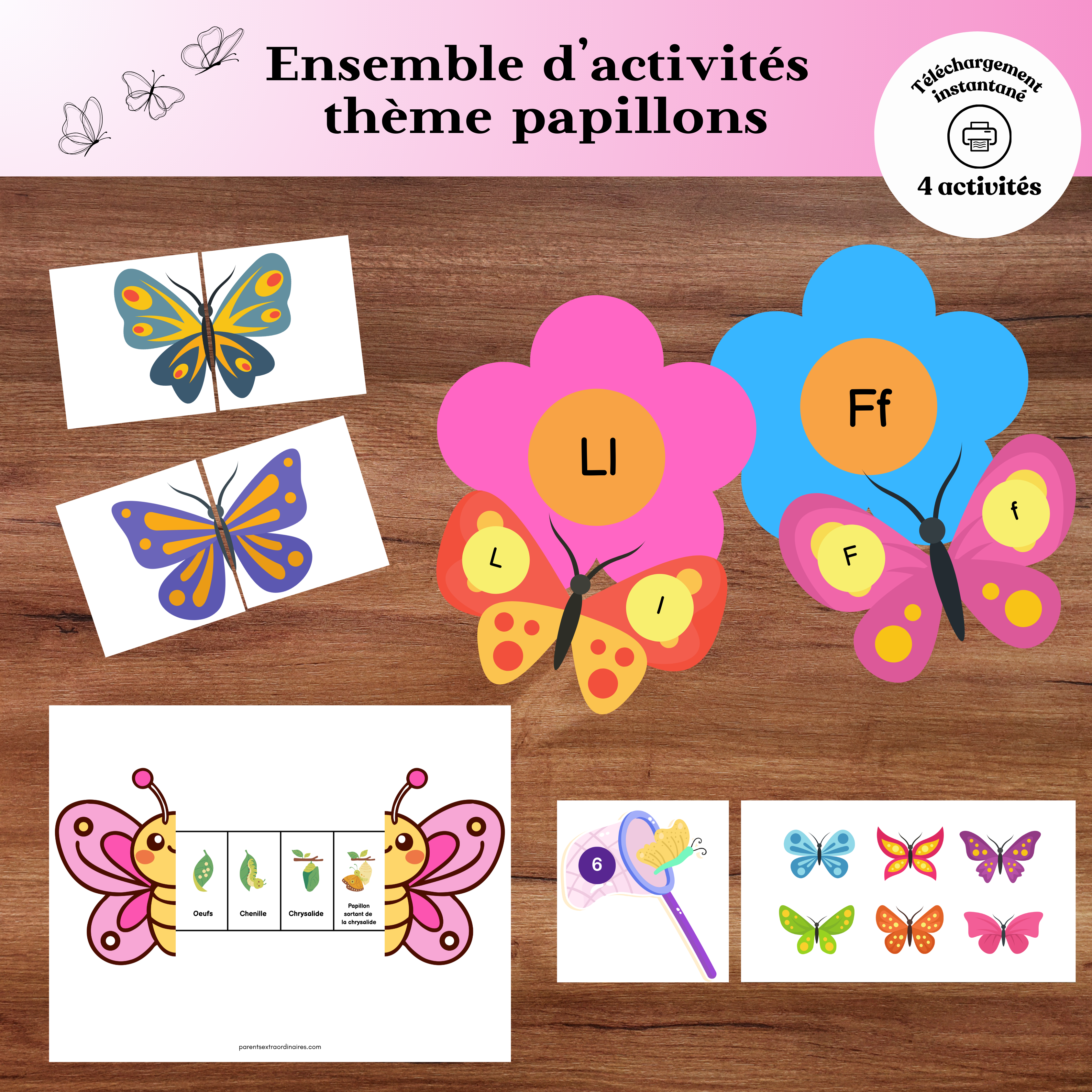 Ensemble d’activités thème papillons à imprimer pour enfants incluant association, nombres, alphabet et cycle de vie du papillon.