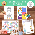 Ensemble d’activités de Pâques à imprimer comprenant jeu de parcours, parcours moteur, coloriages par numéros et reproduction de modèles pour enfants.