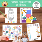 Ensemble d’activités de Pâques à imprimer comprenant jeu de parcours, parcours moteur, coloriages par numéros et reproduction de modèles pour enfants.