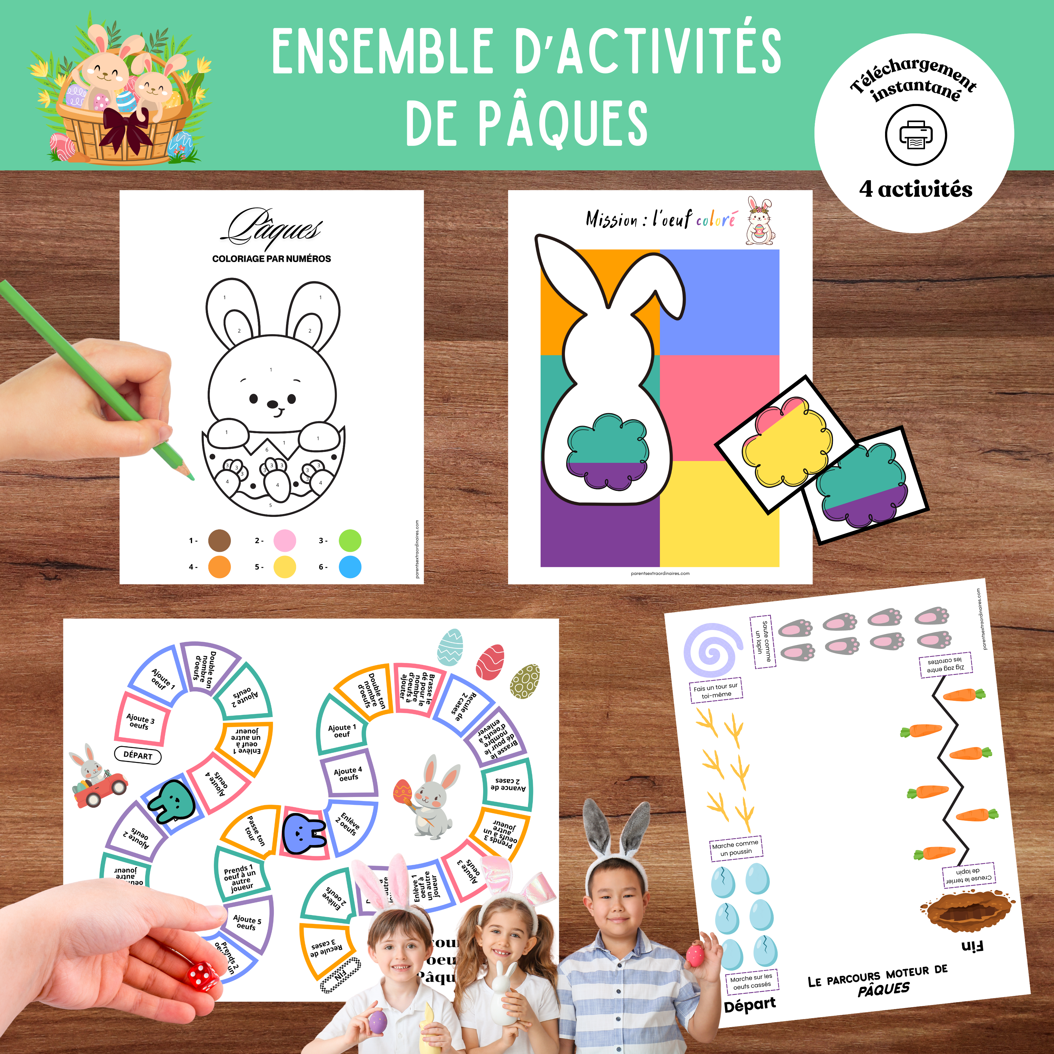 Ensemble d’activités de Pâques à imprimer comprenant jeu de parcours, parcours moteur, coloriages par numéros et reproduction de modèles pour enfants.