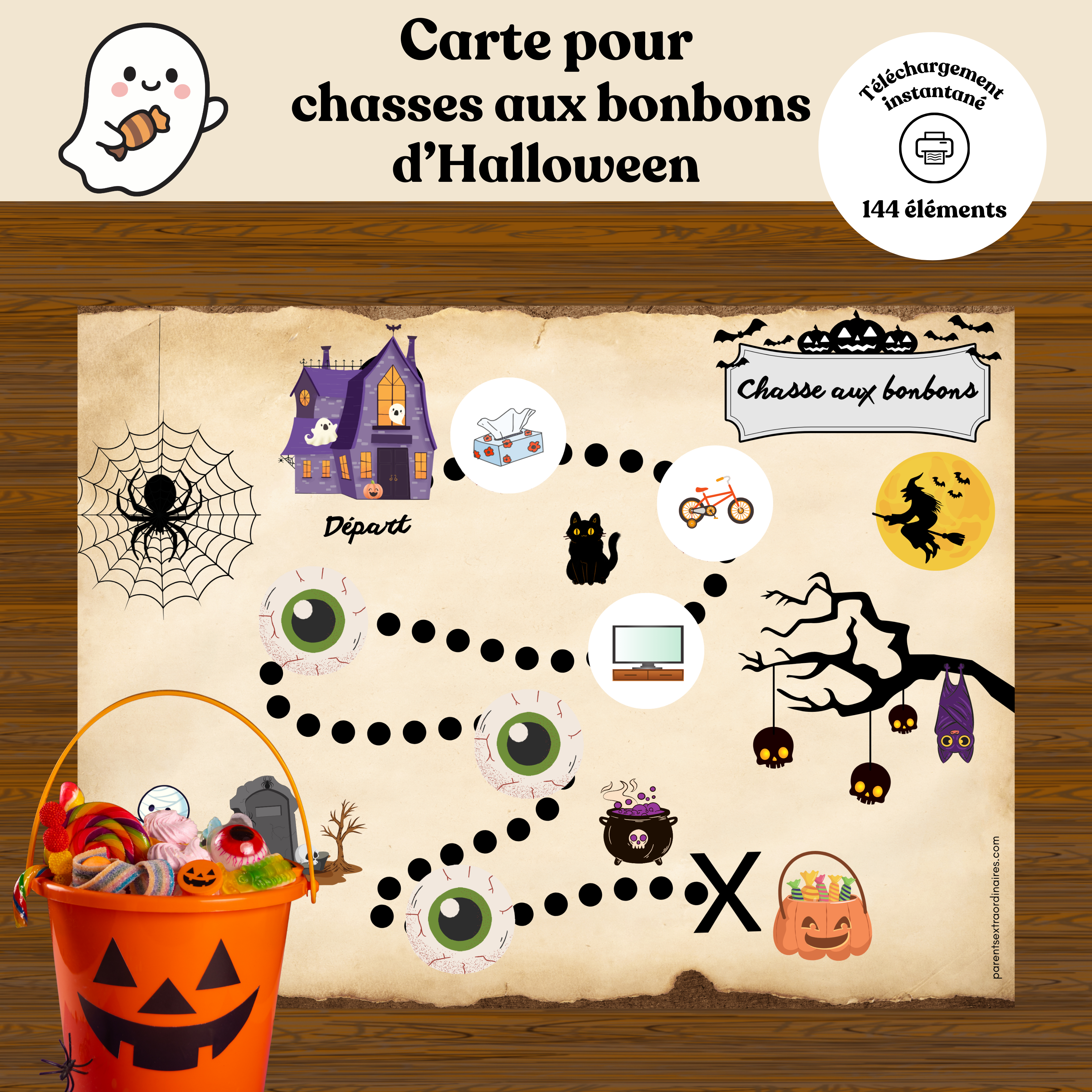 Ensemble de chasses aux trésors imprimables pour enfants comprenant cartes thématiques halloween et 144 éléments-indices à découper. Une activité ludique favorisant l’observation, la déduction, la compréhension et la résolution de problèmes à travers des aventures personnalisées.