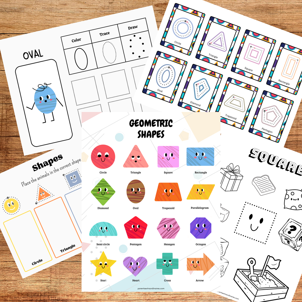 Ensemble d’activités éducatives sur les formes géométriques 2D et 3D comprenant des affiches, des cartes de nomenclature avec traçage, des exercices d’association et des coloriages pour aider les enfants à reconnaître, nommer et apprendre les formes géométriques.