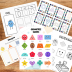 Ensemble d’activités éducatives sur les formes géométriques 2D et 3D comprenant des affiches, des cartes de nomenclature avec traçage, des exercices d’association et des coloriages pour aider les enfants à reconnaître, nommer et apprendre les formes géométriques.