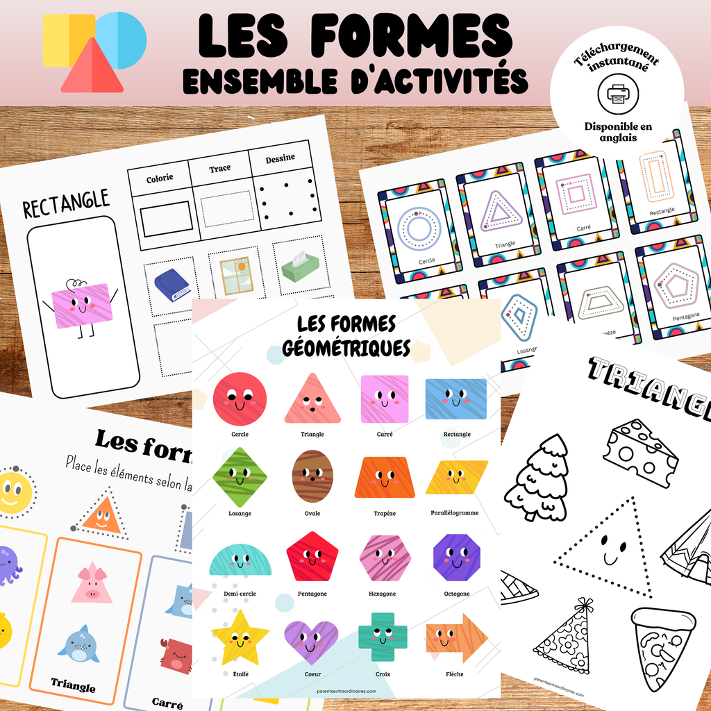 Ensemble d’activités éducatives sur les formes géométriques 2D et 3D comprenant des affiches, des cartes de nomenclature avec traçage, des exercices d’association et des coloriages pour aider les enfants à reconnaître, nommer et apprendre les formes géométriques.