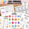Ensemble d’activités éducatives sur les formes géométriques 2D et 3D comprenant des affiches, des cartes de nomenclature avec traçage, des exercices d’association et des coloriages pour aider les enfants à reconnaître, nommer et apprendre les formes géométriques.