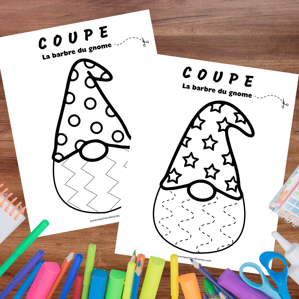 Activité gratuite de découpage gnome pour enfants avec lignes pointillées à suivre.
