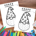 Activité gratuite de découpage gnome pour enfants avec lignes pointillées à suivre.