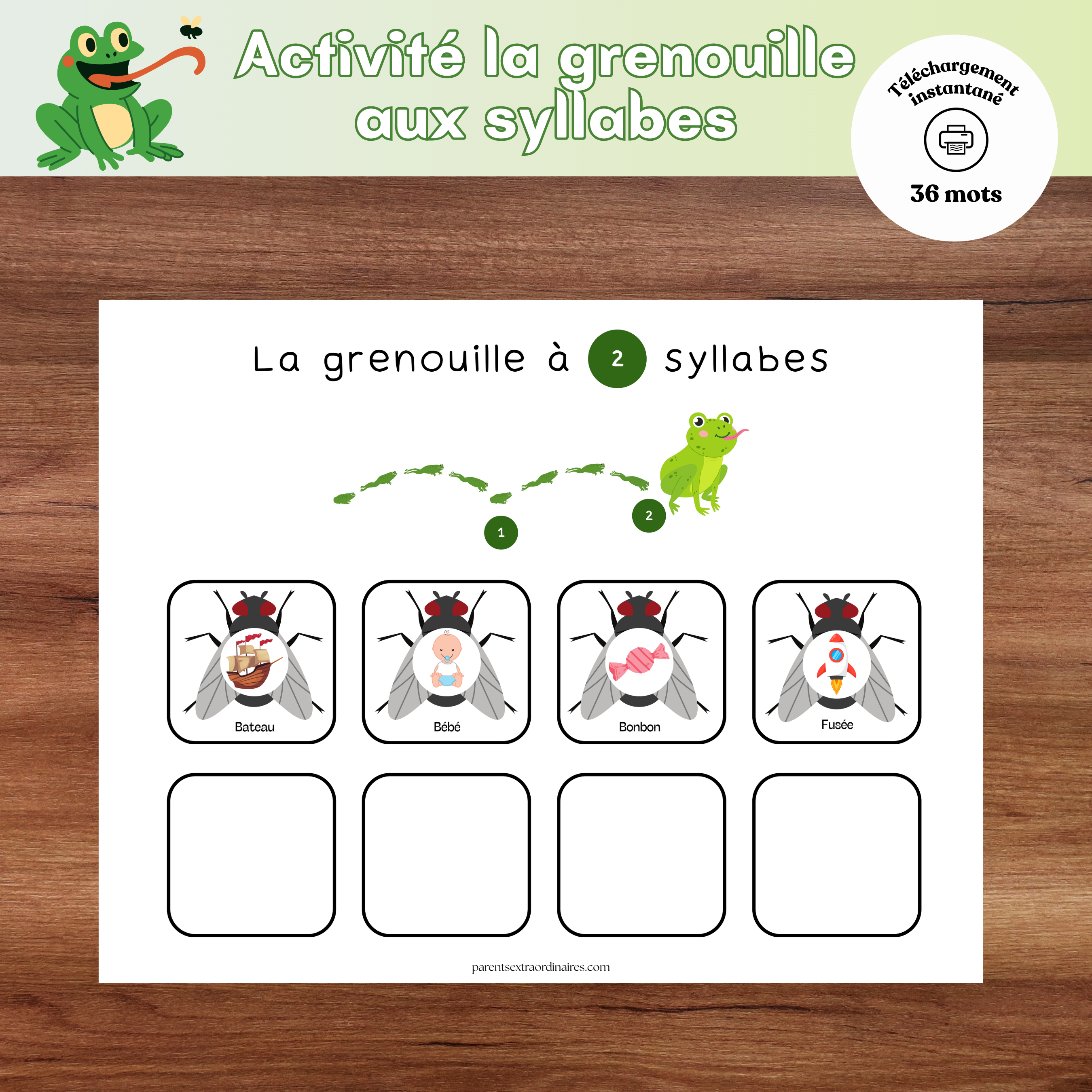 Activité La grenouille aux syllabes où les enfants classent des images selon le nombre de syllabes pour développer leur conscience phonologique.