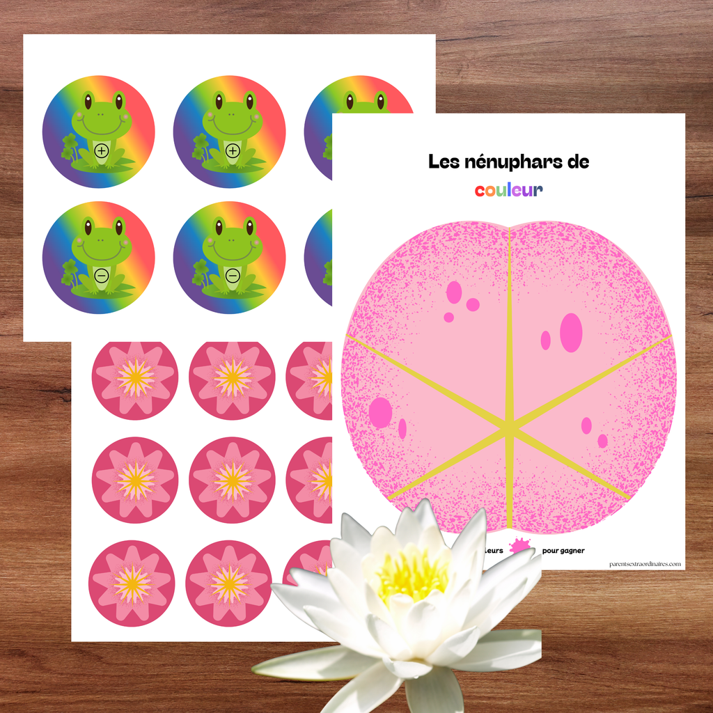 Activité éducative de reconnaissance et classement des couleurs avec des nénuphars.