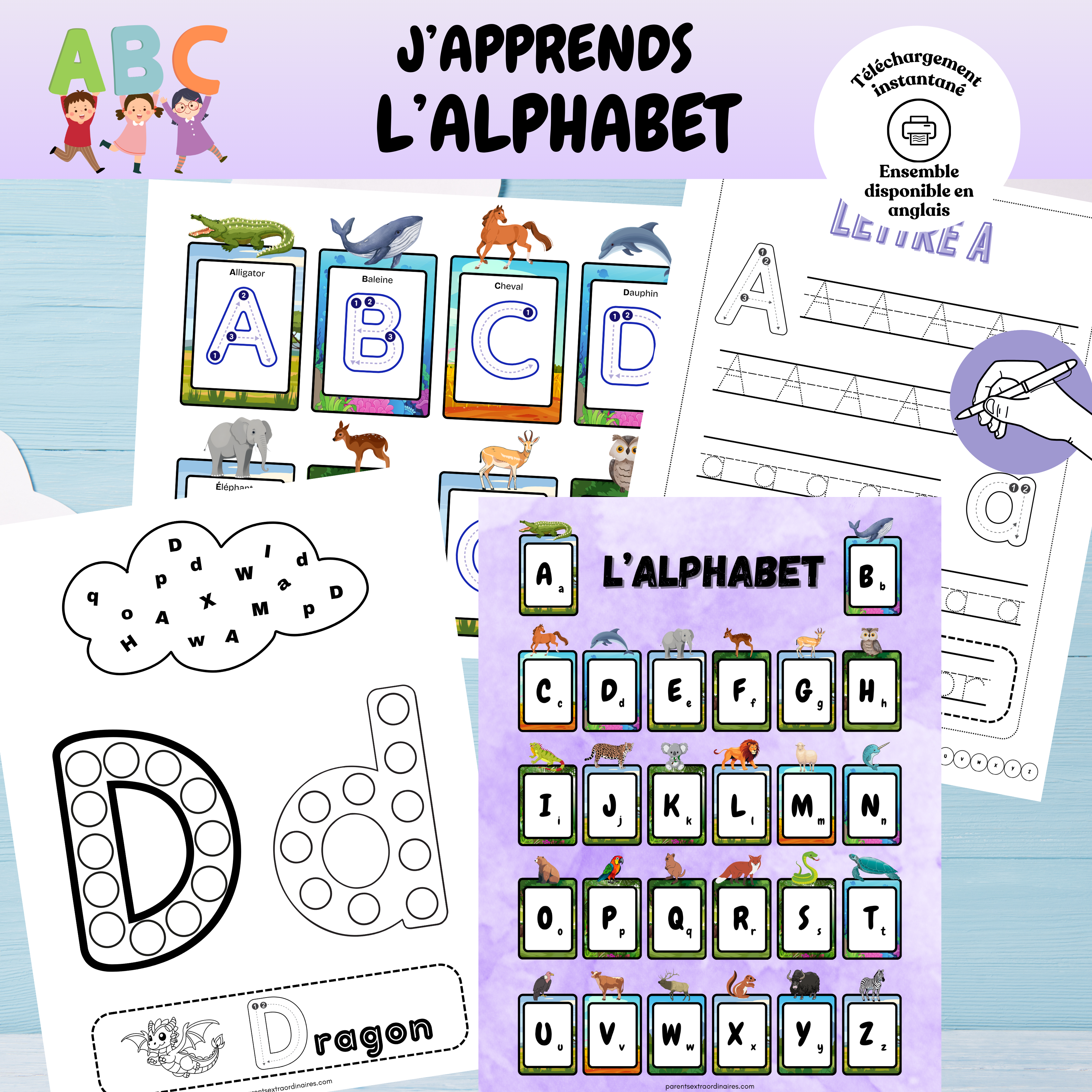 Ensemble d’activités J’apprends l’alphabet à imprimer pour enfants de 2 à 5 ans incluant jeux de lettres, observation et motricité fine.