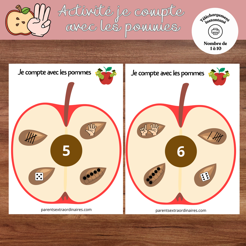 Jeu éducatif imprimable Je compte avec les pommes comprenant des cartes de chiffres de 1 à 10 et des pépins à associer pour apprendre à compter.