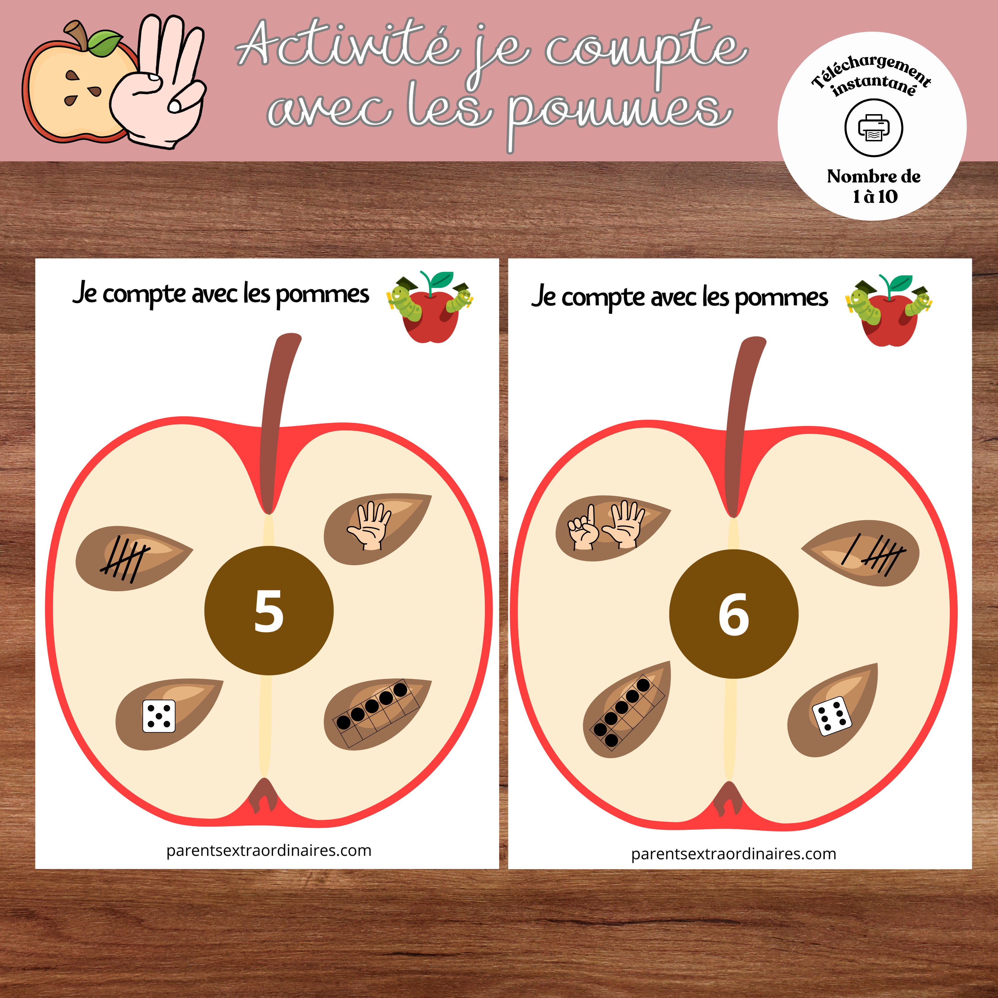 Jeu éducatif imprimable Je compte avec les pommes comprenant des cartes de chiffres de 1 à 10 et des pépins à associer pour apprendre à compter.