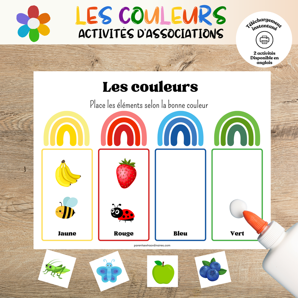 Jeux d'association sur les couleurs à imprimer pour enfants d'âge préscolaire avec activités éducatives favorisant la reconnaissance des couleurs, le tri et l'observation.