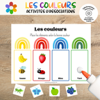 Jeux d'association sur les couleurs à imprimer pour enfants d'âge préscolaire avec activités éducatives favorisant la reconnaissance des couleurs, le tri et l'observation.