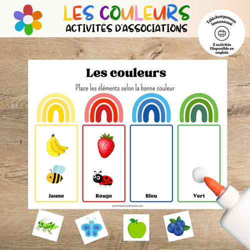 Jeux d'association sur les couleurs à imprimer pour enfants d'âge préscolaire avec activités éducatives favorisant la reconnaissance des couleurs, le tri et l'observation.