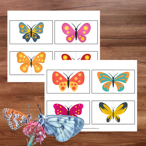 Jeu éducatif où l’enfant assemble les deux parties d’un papillon pour reconstituer des paires identiques.