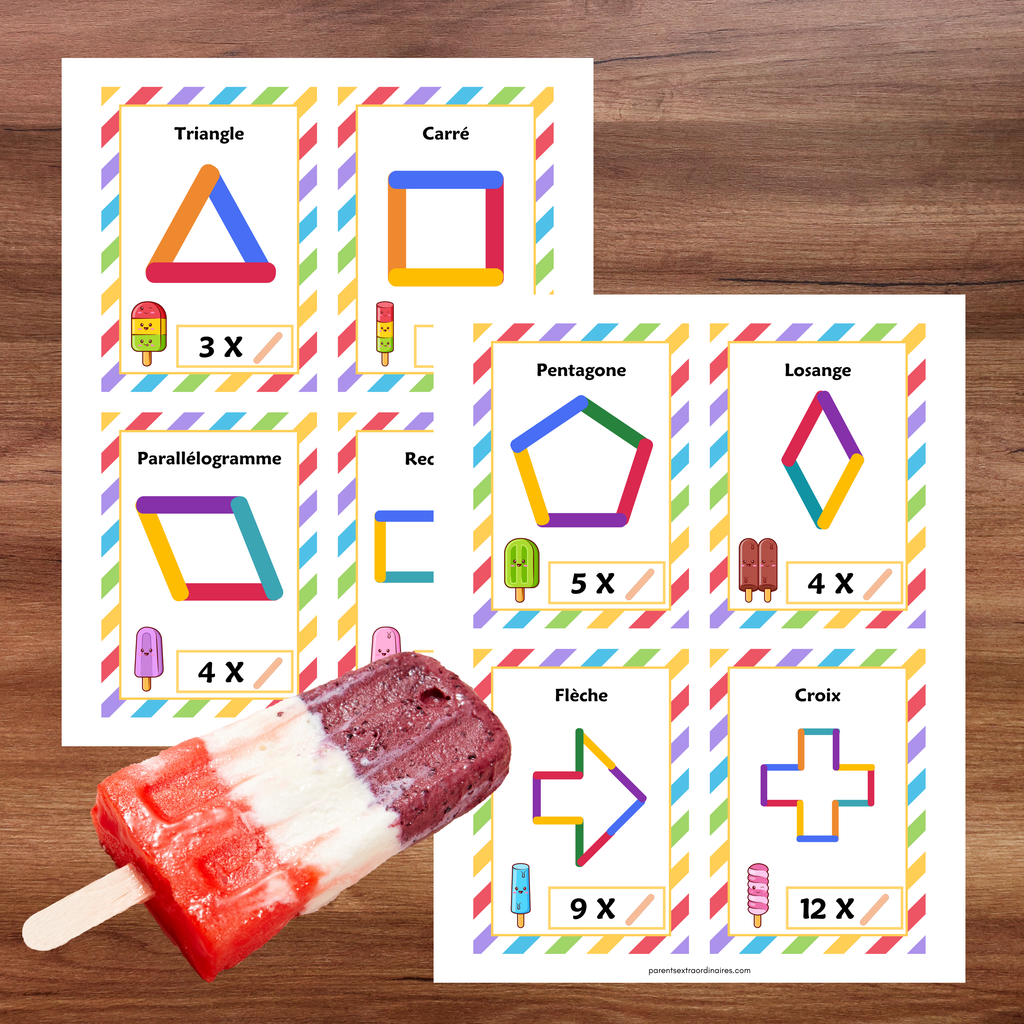 Jeu éducatif avec cartes défis demandant de construire des formes, lettres et chiffres à l’aide de bâtons de popsicle.