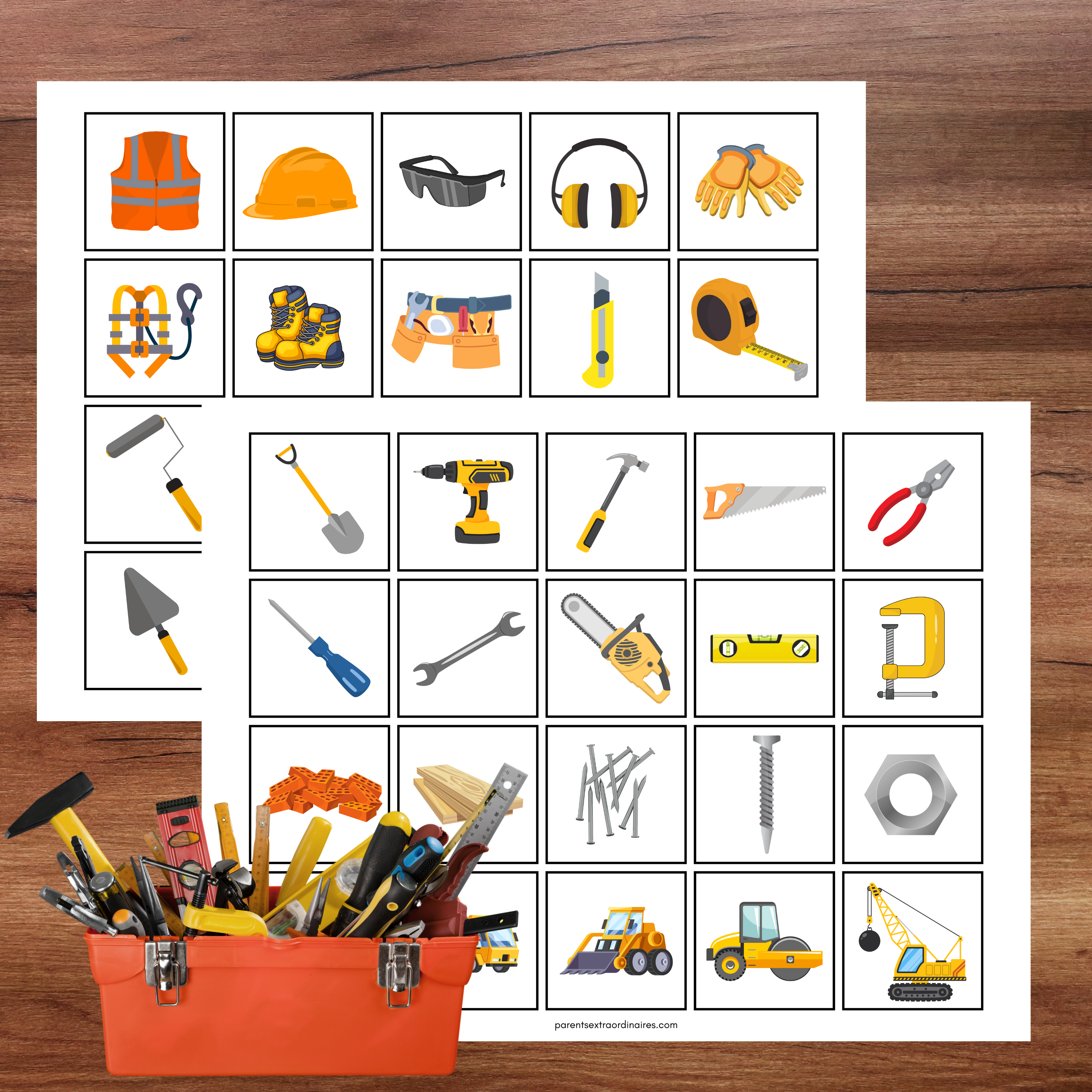 Ensemble de cartes de bingo sur le thème de la construction pour activité éducative et amusante.