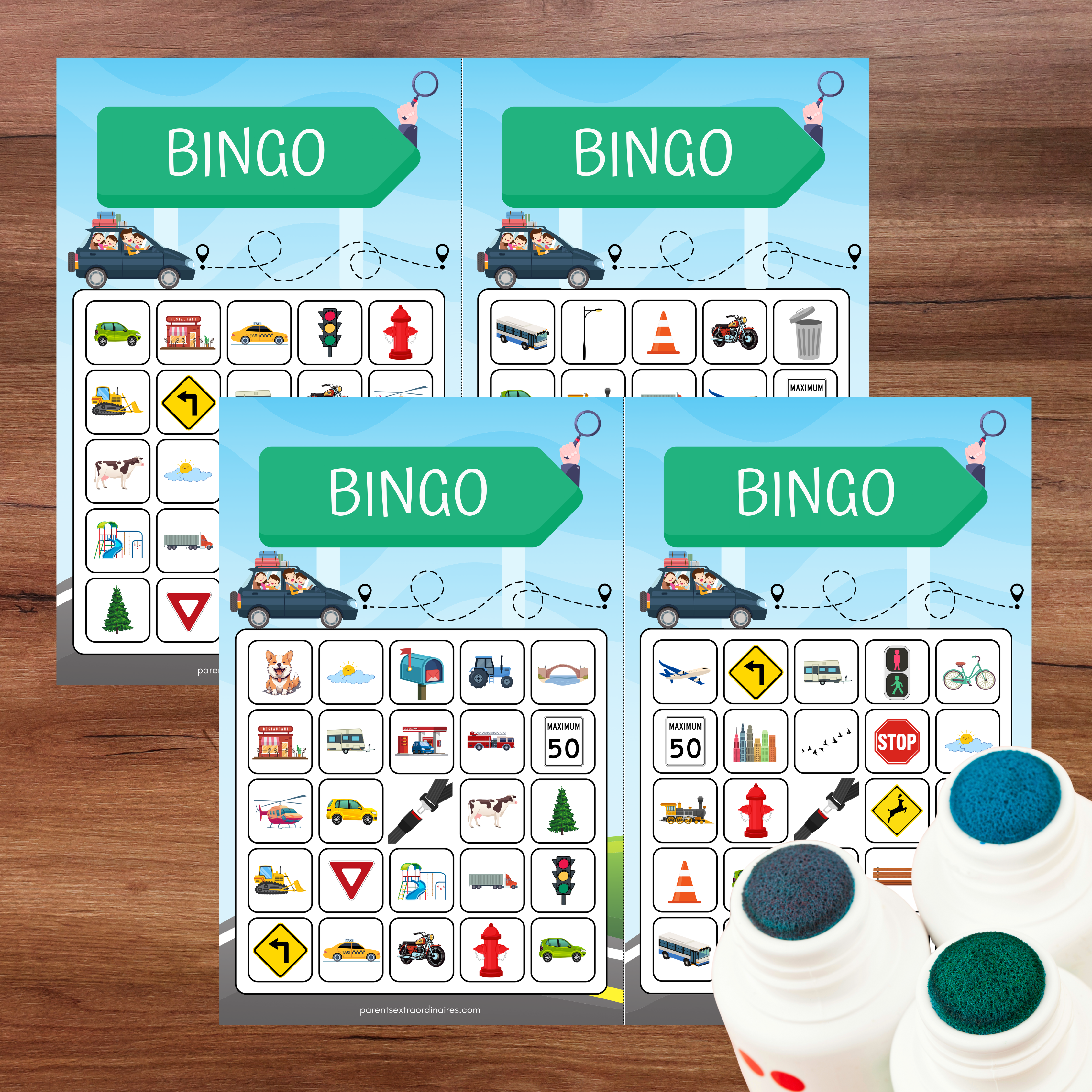 Cartes de bingo sur le thème de la route conçues pour divertir les enfants lors des déplacements en voiture.
