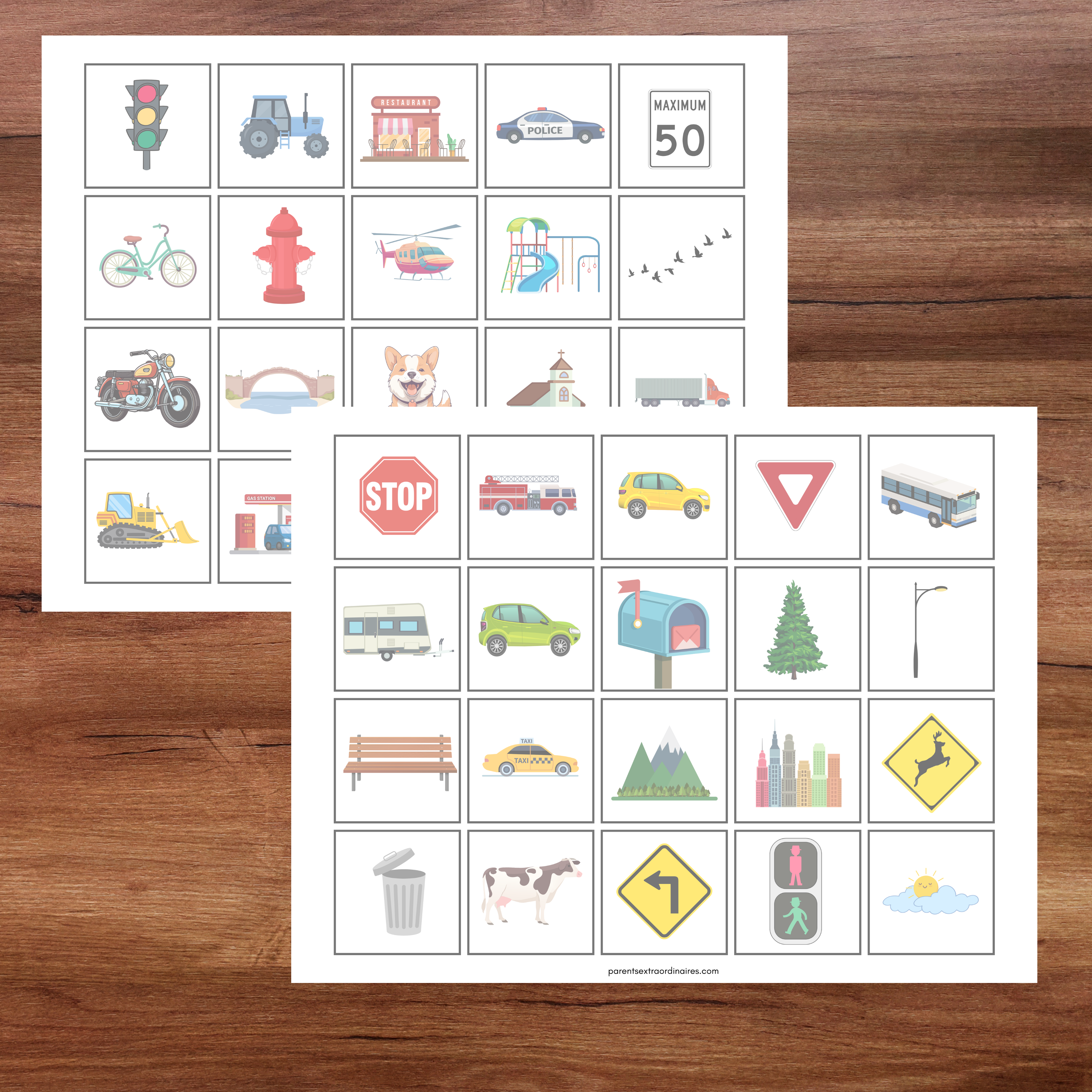 Jeu de bingo en voiture à imprimer comprenant 30 cartes différentes et des éléments à repérer pendant les trajets en famille.