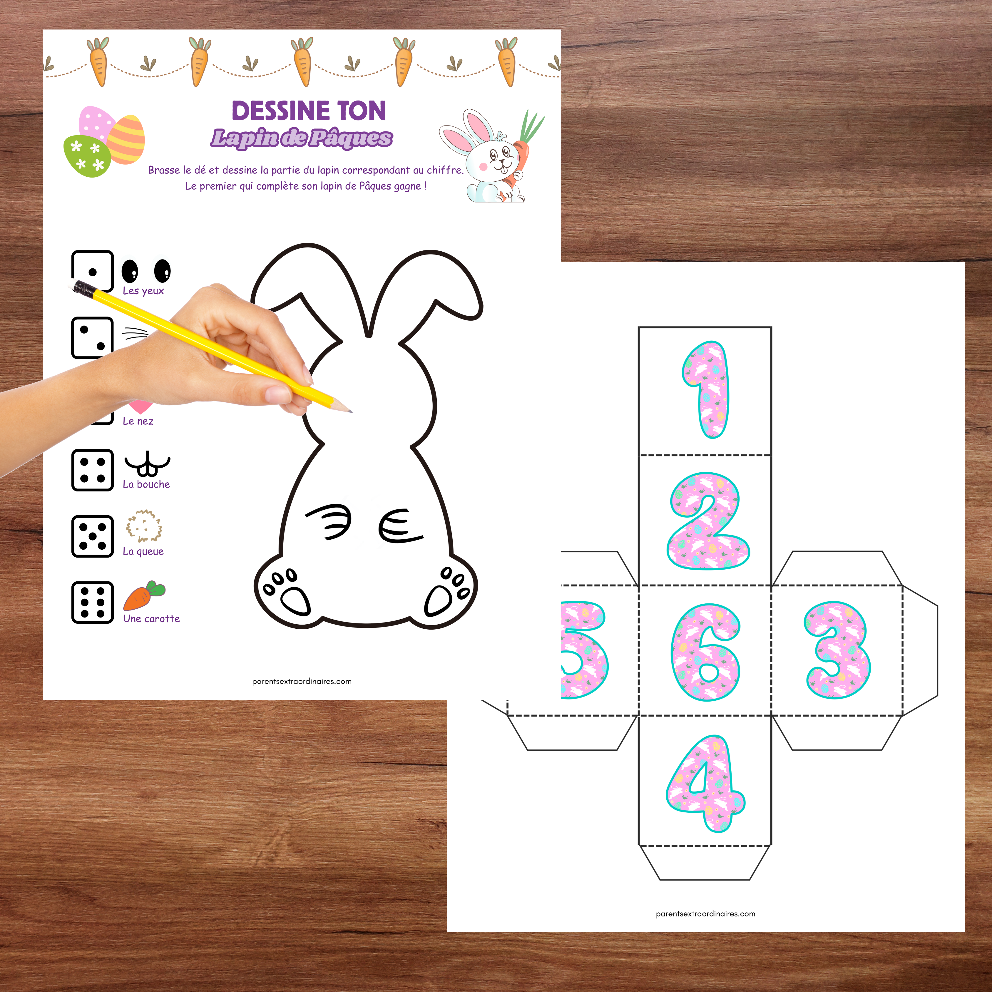 Jeu éducatif de Pâques où les enfants construisent un lapin en ajoutant des éléments selon le résultat du dé.