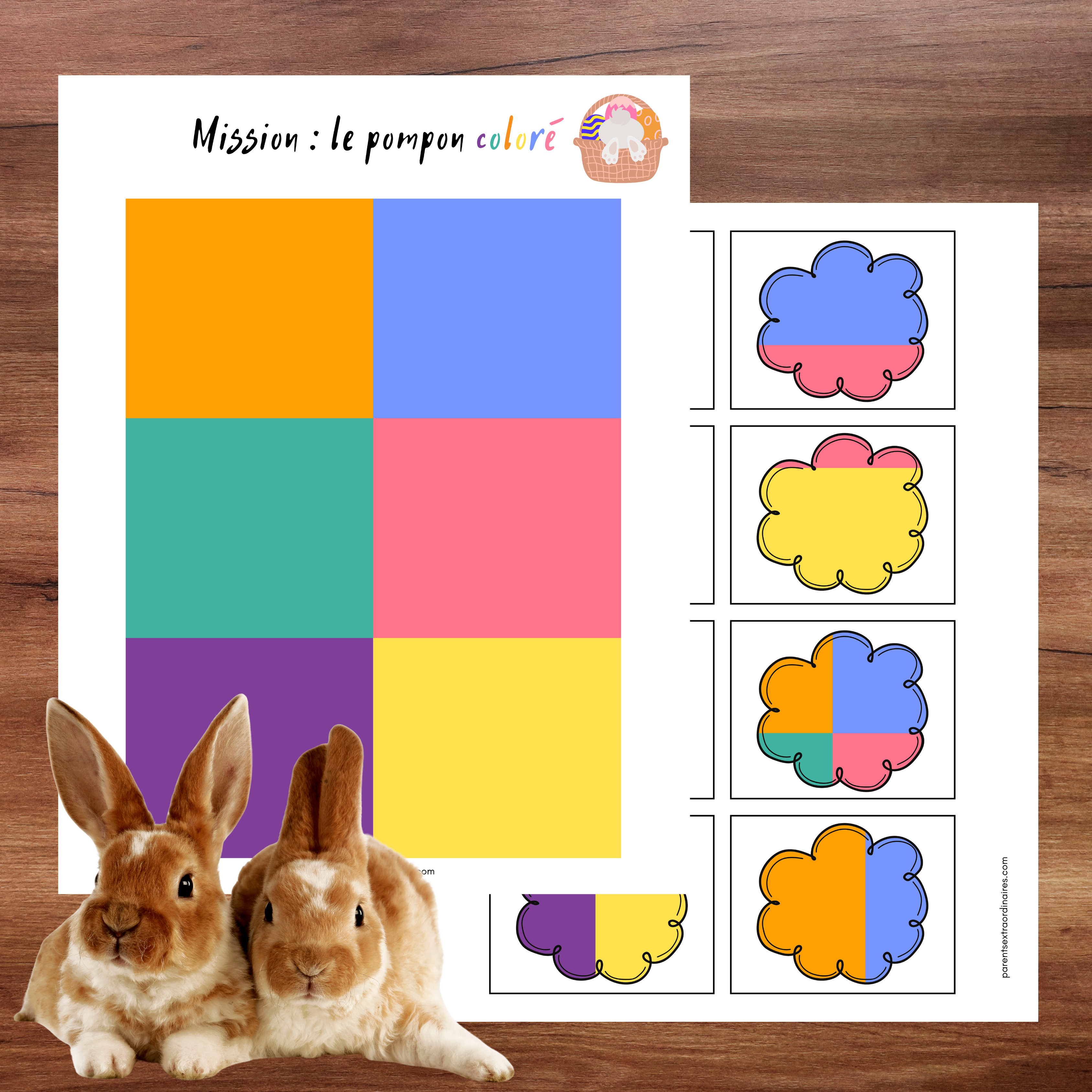 Activité favorisant l’observation et la reproduction de séquences de couleurs sur le thème du lapin de Pâques.