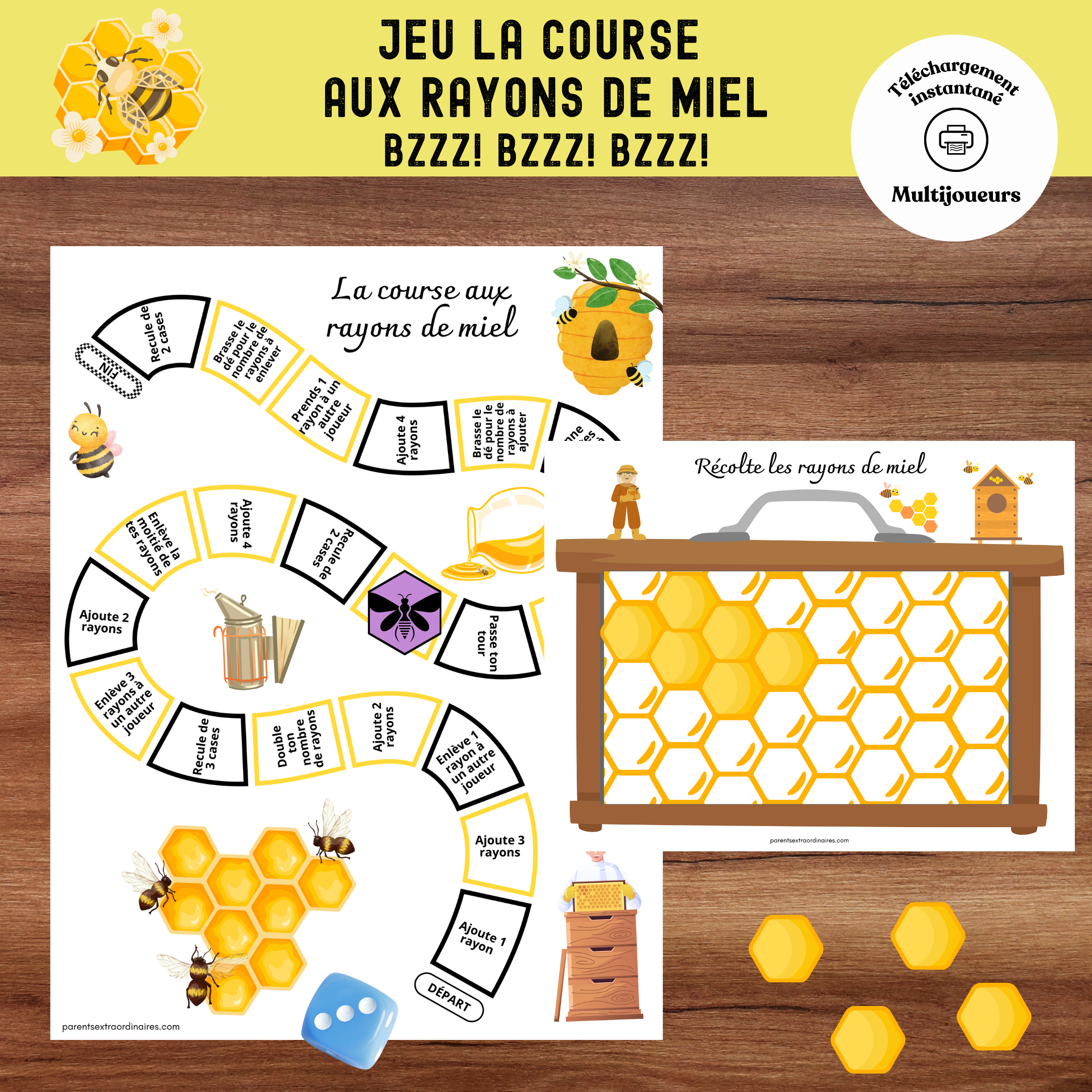 Activité ludique où les enfants accumulent des rayons de miel pour compléter leur ruche.