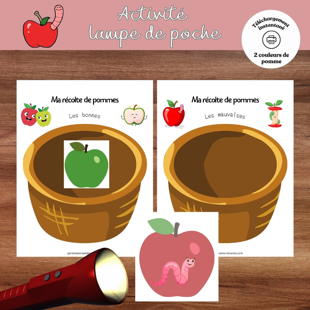 Jeu lampe de poche des pommes à imprimer où l'enfant découvre avec une source de lumière si une pomme cache un ver ou une petite pomme avant de la classer dans le bon panier.