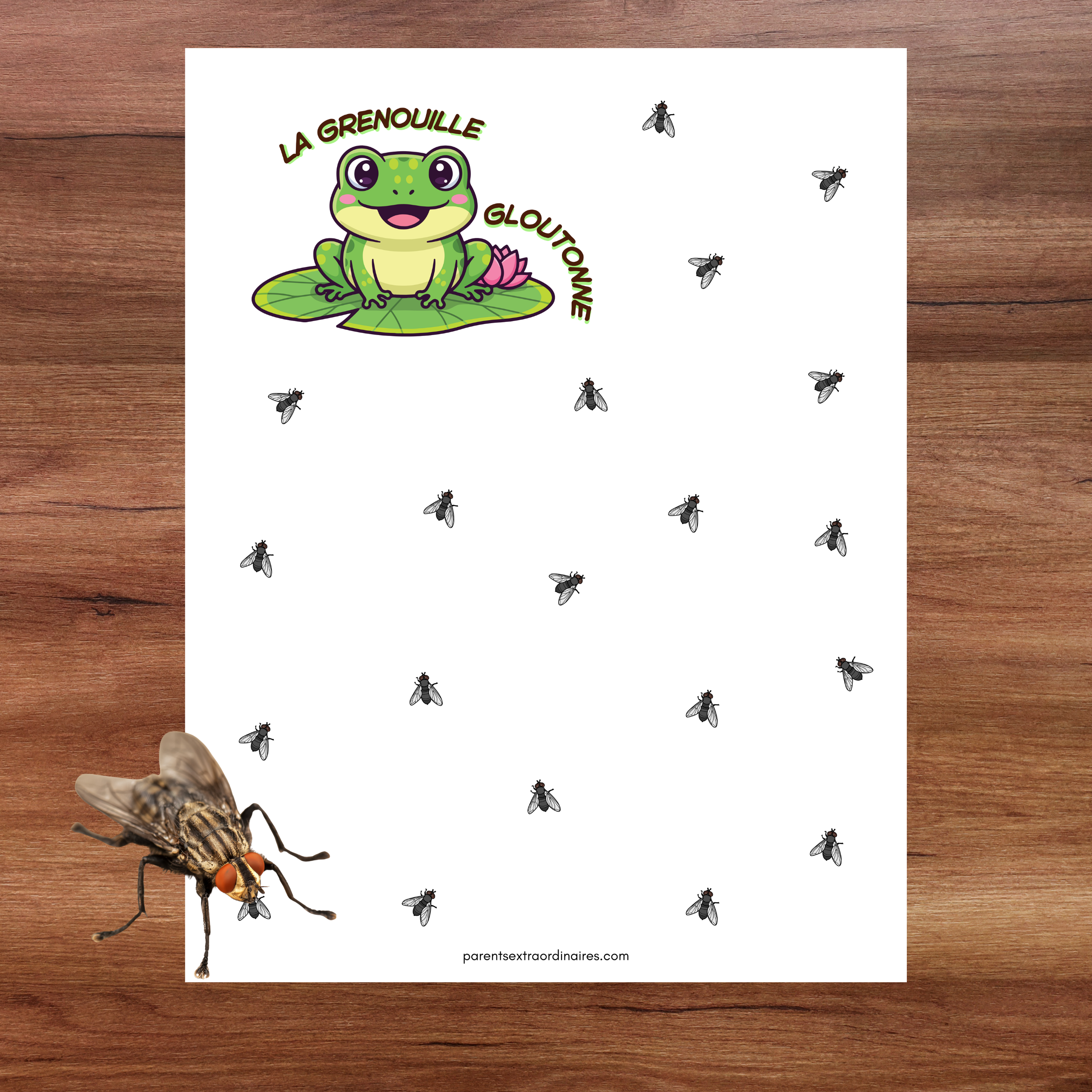 Jeu éducatif grenouille gloutonne où l’enfant lance le dé et ajoute des éléments selon le nombre.