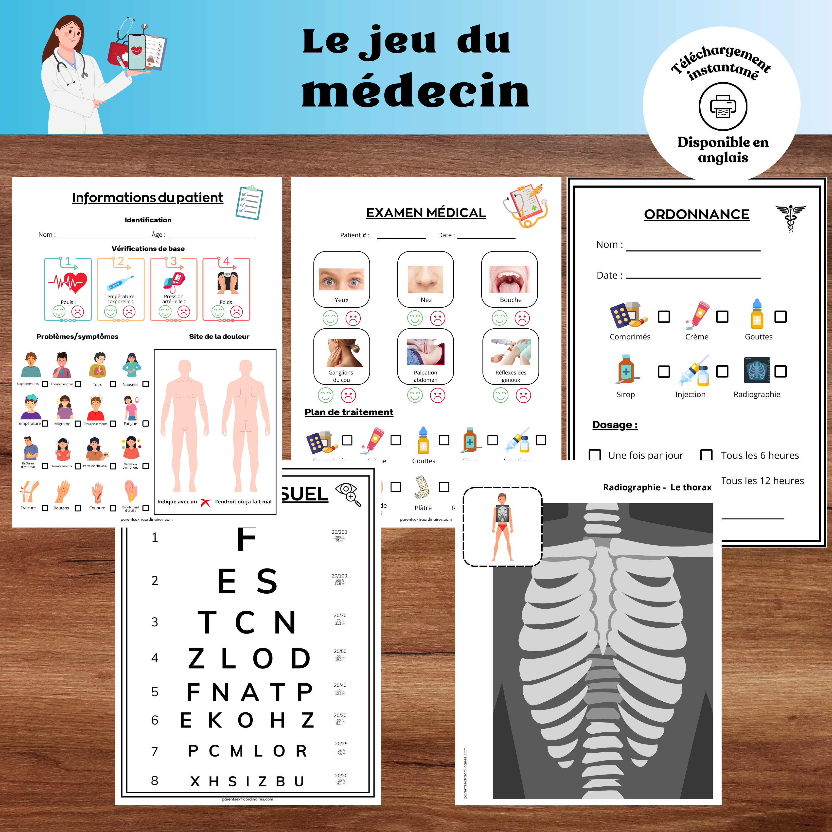 Jeu du médecin à imprimer comprenant des fiches et accessoires de jeu permettant aux enfants d’imaginer qu’ils sont de vrais docteurs. Une activité de jeu symbolique qui développe l’imagination, le langage, la communication et les habiletés sociales.