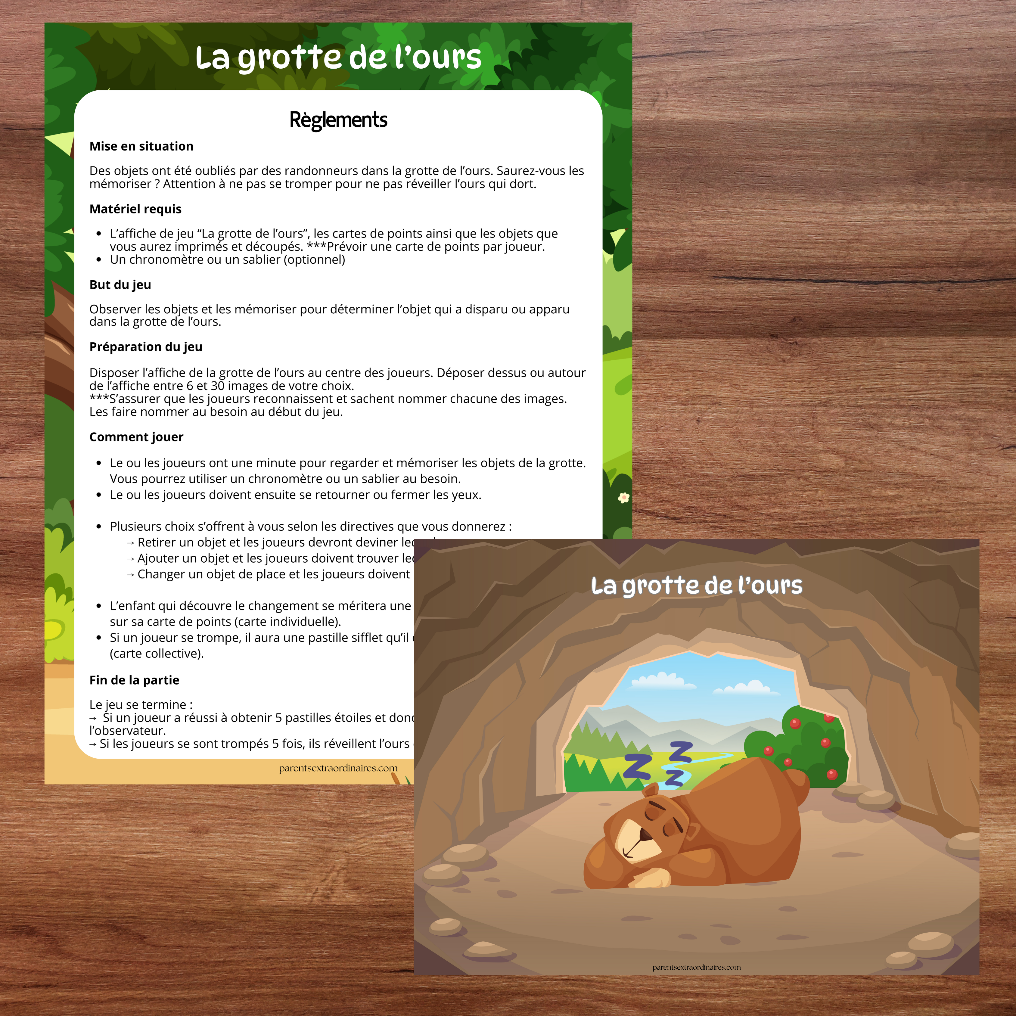 Jeu de mémoire La grotte de l'ours à imprimer sur le thème des animaux de la forêt.