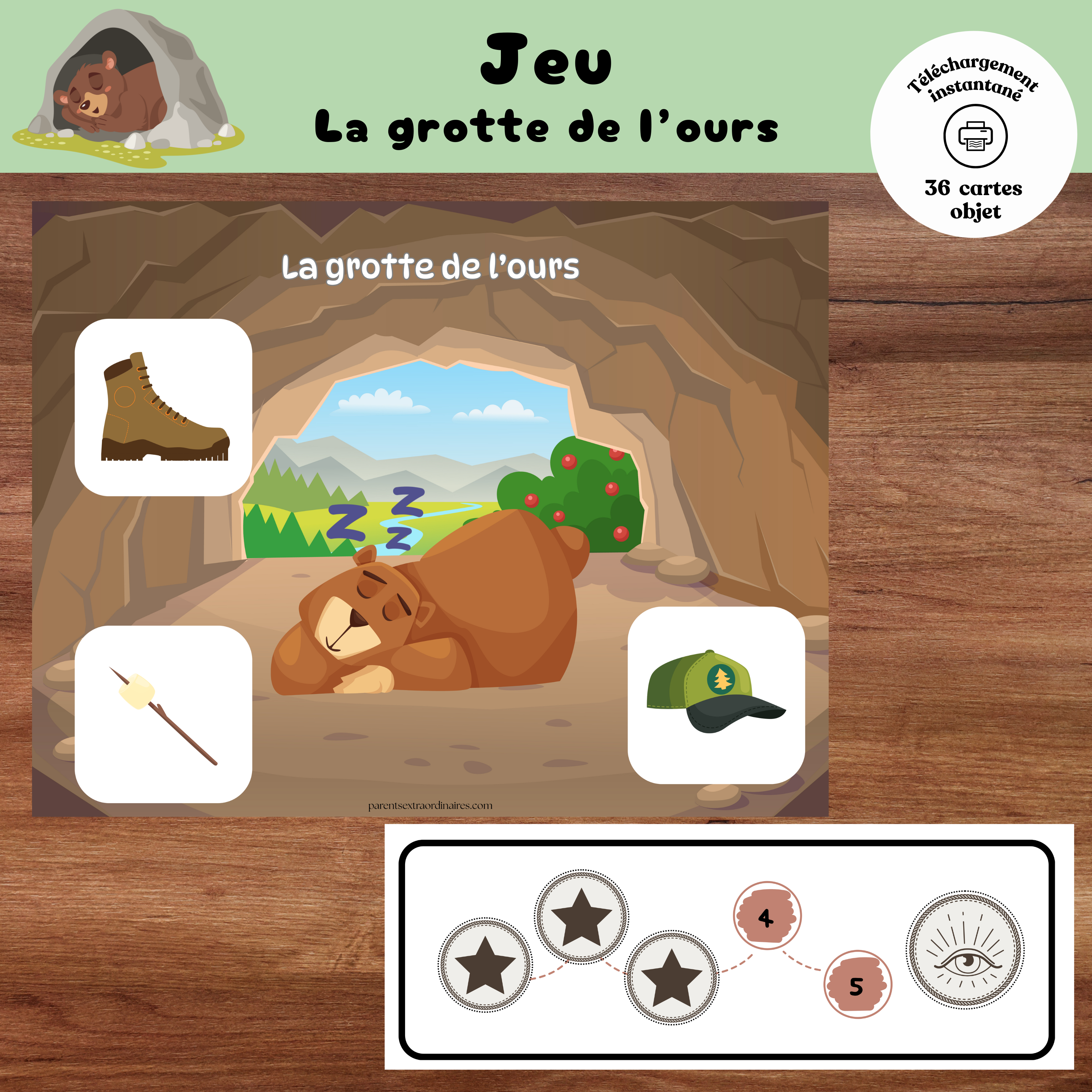 Jeu de mémoire La grotte de l'ours à imprimer sur le thème des animaux de la forêt.